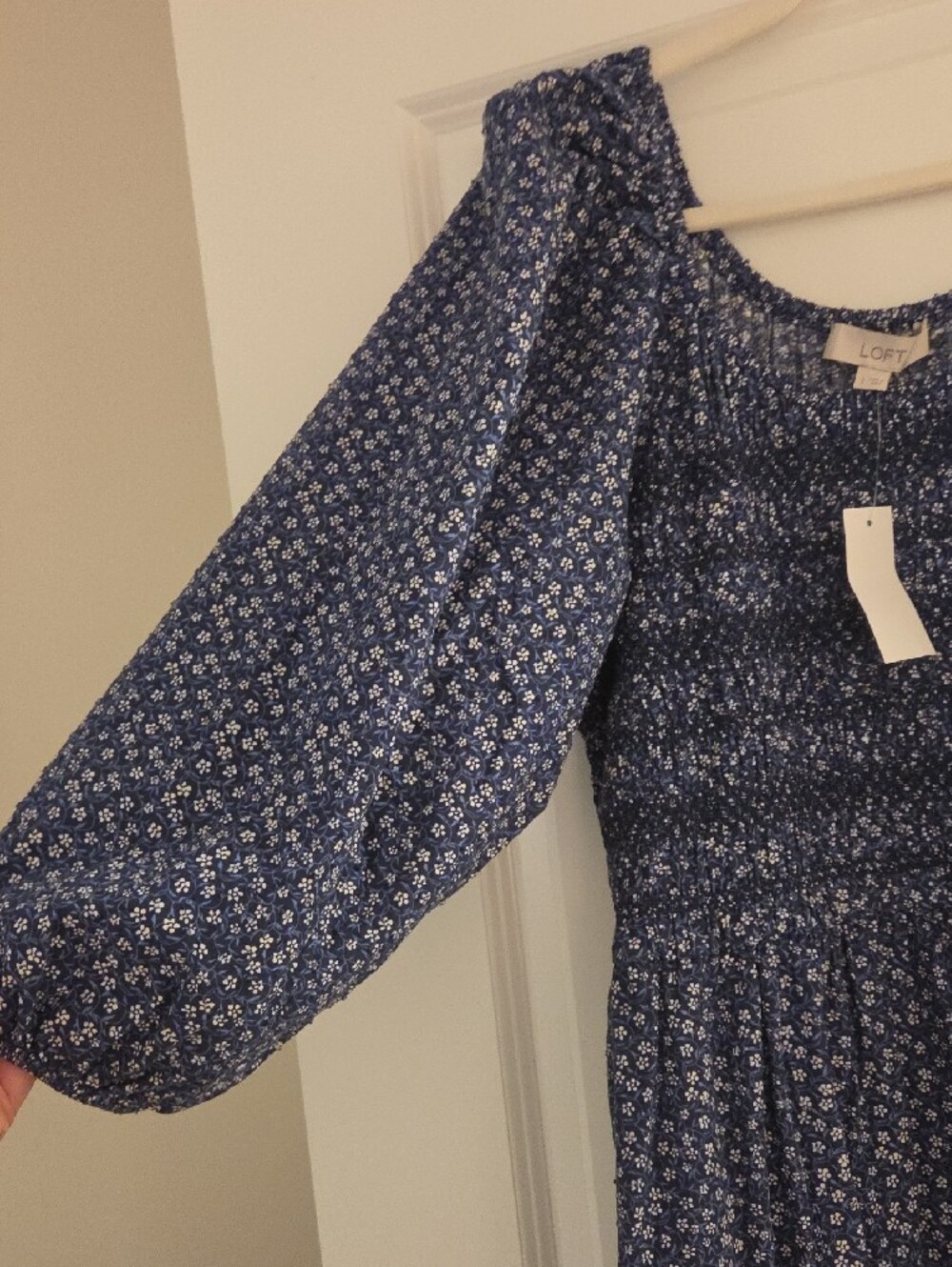 LOFT Blue Floral Smocked Maxi Dress with Puff Sleeves - Picture 4 of 4